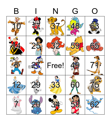 Disney Character Bingo Card