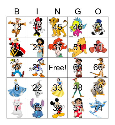 Disney Character Bingo Card