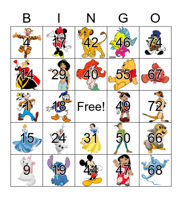 Disney Character Bingo Card