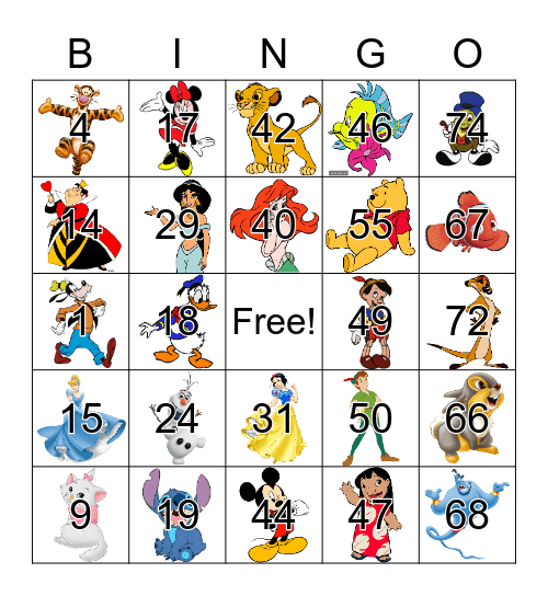 Disney Character Bingo Card