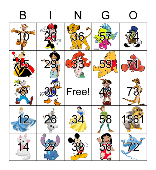 Disney Character Bingo Card