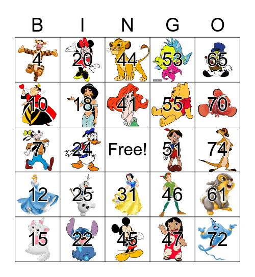 Disney Character Bingo Card