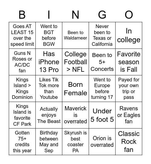 TopGunStalls Bingo Card