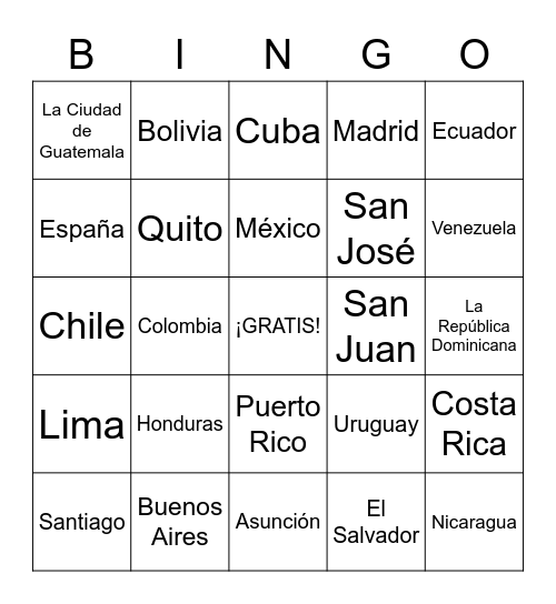 Los países hispanohablantes y las capitales Bingo Card