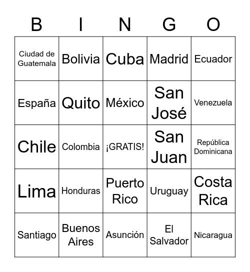 Los países y capitales hispanohablantes Bingo Card