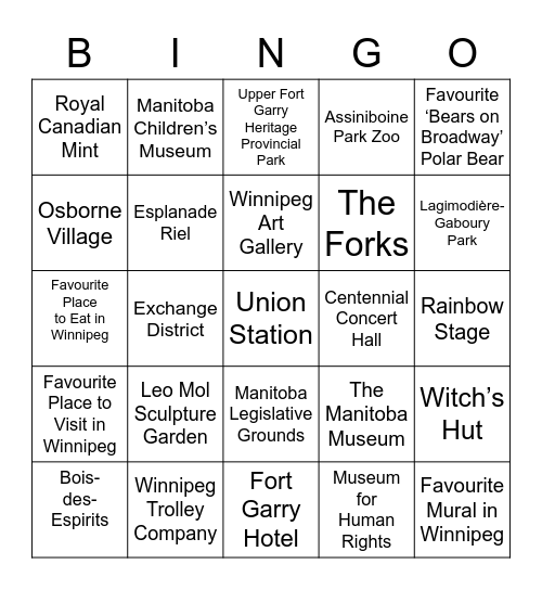 Tour Winnipeg Bingo Card