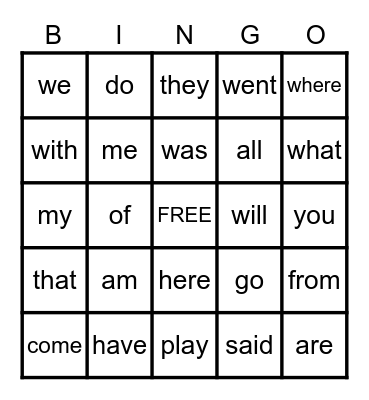 Sight Words Bingo Card