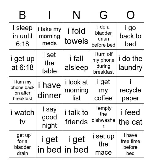 daily routine and activites Bingo Card