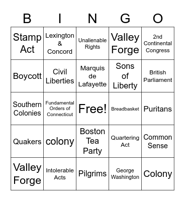 Colonial & Revolutionary Bingo Card