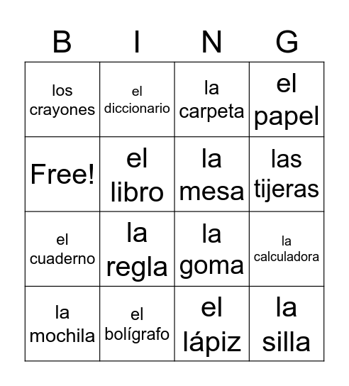 Los Útiles Escolares Bingo Card