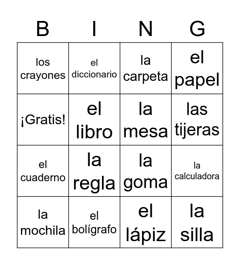 Los Útiles Escolares Bingo Card