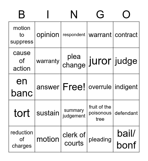 courts Bingo Card