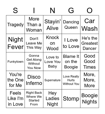 DIsco Dancing Bingo Card
