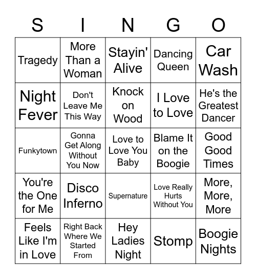 DIsco Dancing Bingo Card