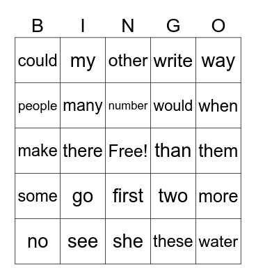 Spelling Words Bingo Card