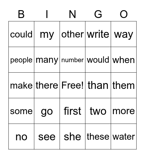 Spelling Words Bingo Card
