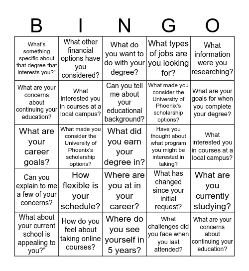 Open Ended Questions Bingo Card