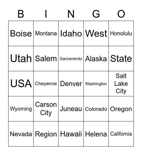 USA:  States in the WEST Bingo Card