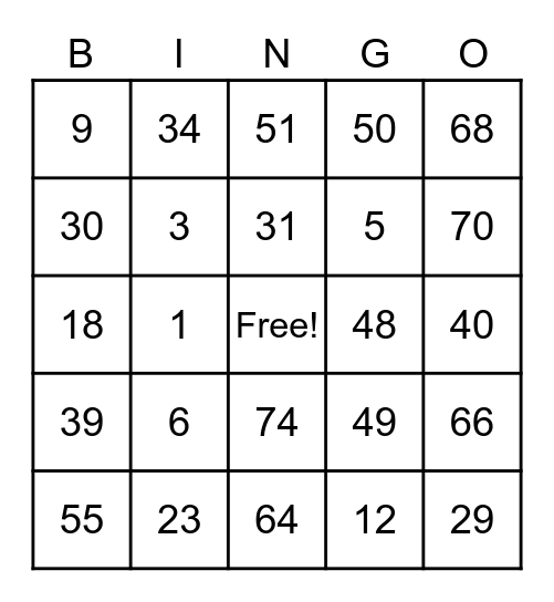 Number Bingo Card