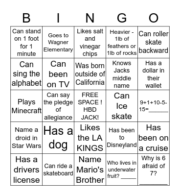Jack Birthday Bingo! Bingo Card