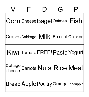 Nutrition Bingo Card