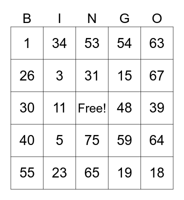 Number Bingo 1-75 Bingo Card