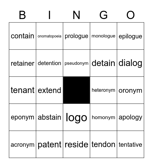 Week 7 Word List: tain, ten, tent= hold Bingo Card