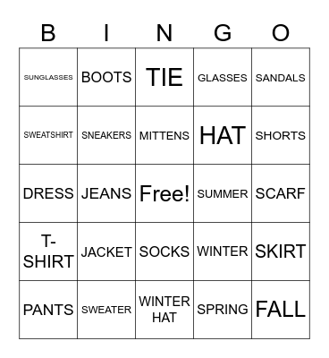 Clothing Bingo Card