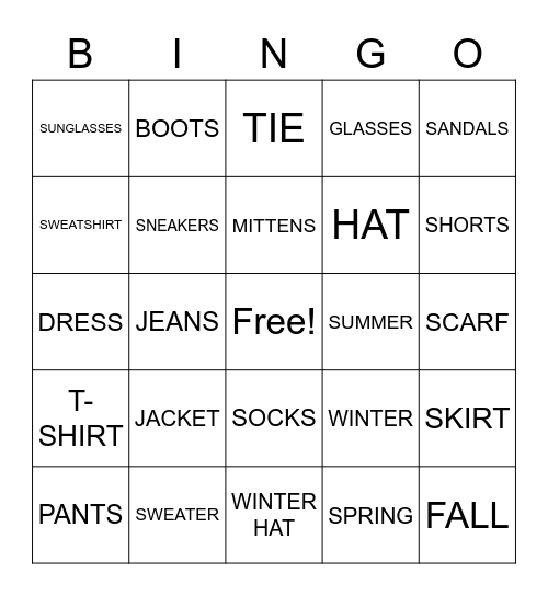 Clothing Bingo Card