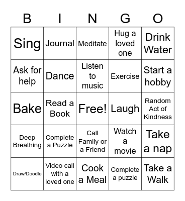 Stress Reliever Bingo Card
