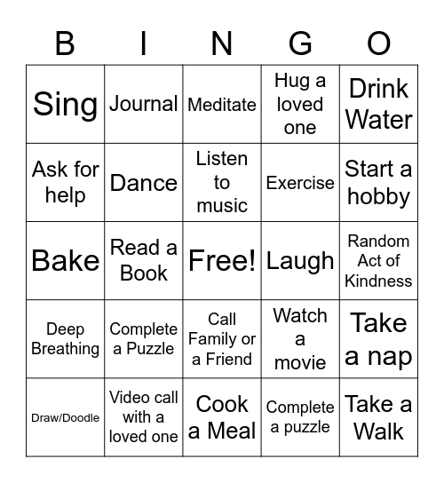 Stress Reliever Bingo Card