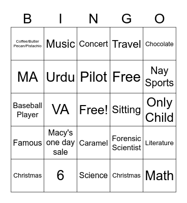A fun fact about me is... Bingo Card