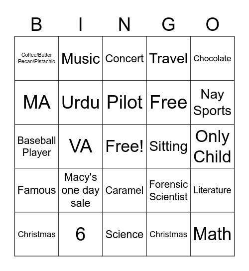A fun fact about me is... Bingo Card