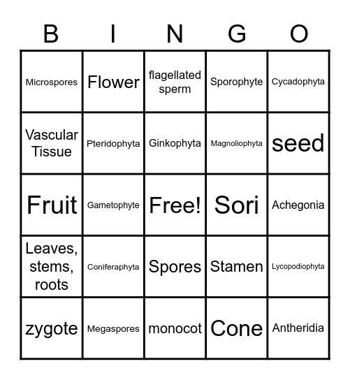 Plant Diversity Bingo Card