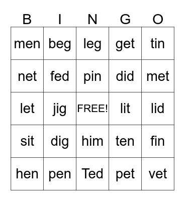 I and E Bingo Card