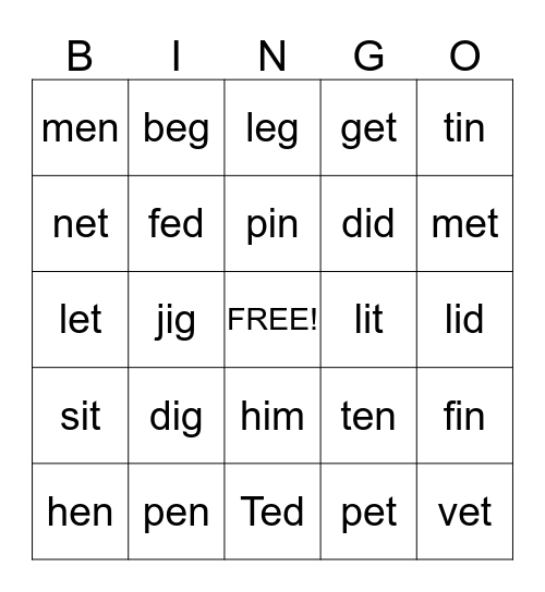 I and E Bingo Card
