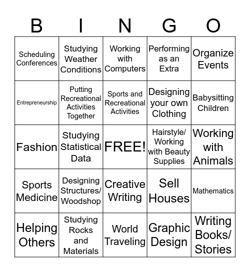 Interest Bingo  Bingo Card