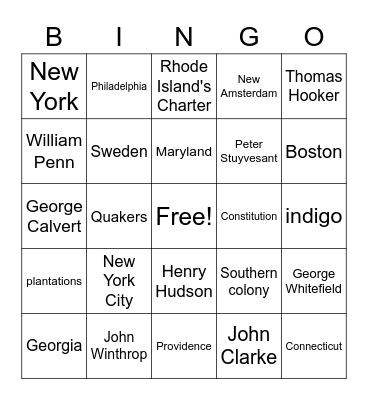 4th Colonial Bingo Card