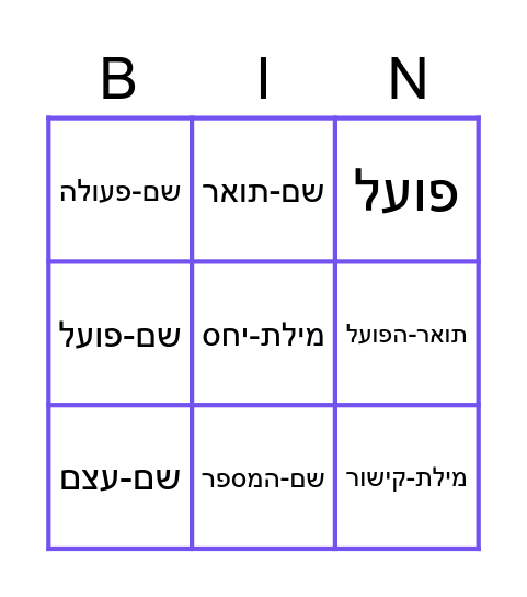 חלקי דיבור Bingo Card