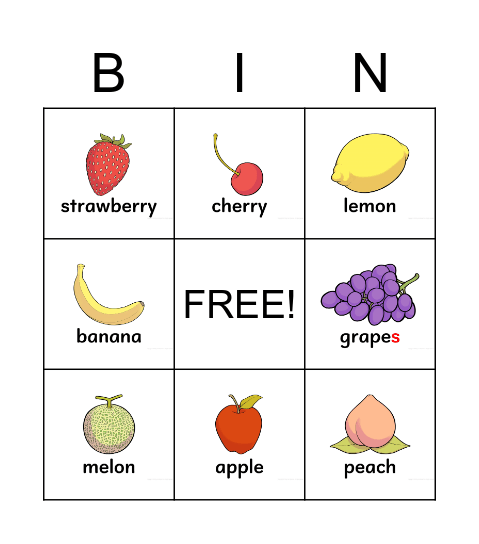 Fruits Bingo Card