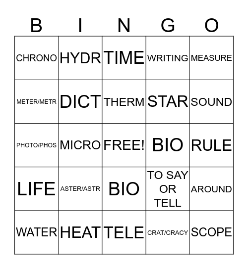 GREEK AND LATIN ROOT WORDS Bingo Card