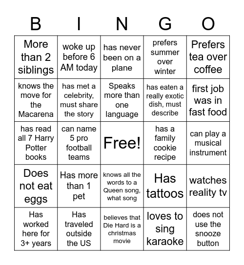 Team building Bingo Card