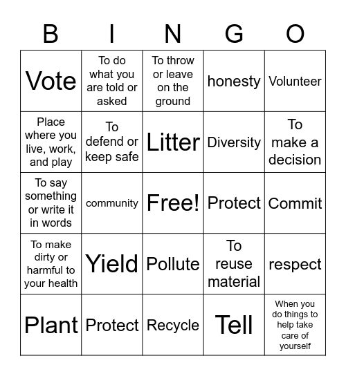 Vocabulary Unit 2 Bingo Card