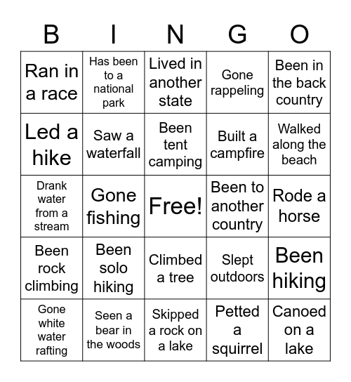 Outdoor Activities Bingo Card