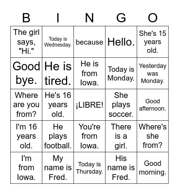 Unidad 1 review Bingo Card