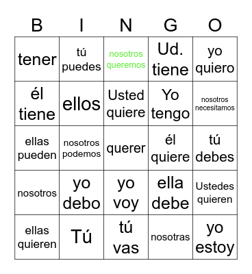 PRESENT TENSE VERBS & PRONOUNS Bingo Card