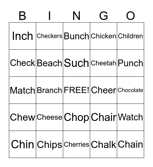 Ch Consonant Digraph Bingo Card