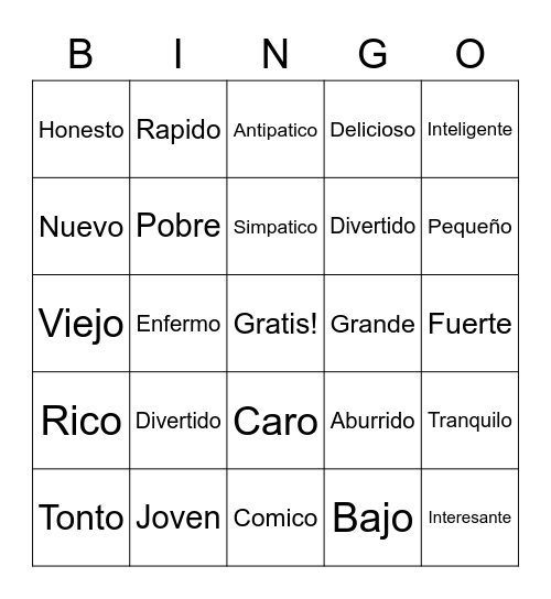Adjetivos Populares Bingo Card