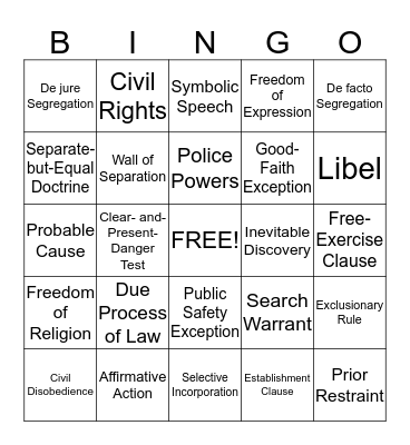 Civil Liberties and Civil Rights Bingo Card