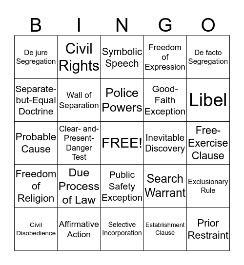 Civil Liberties and Civil Rights Bingo Card